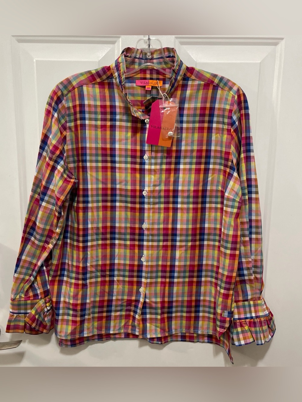 Vilagallo women’s Multicolor Plaid Button-Down Shirt Sz 8 - Cotton Long Sleeves